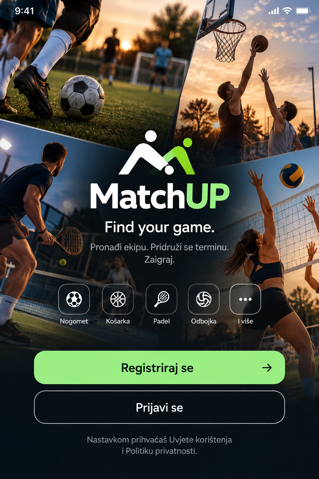MatchUP – Find your game. Nogomet, košarka, padel i odbojka. Registriraj se ili prijavi se.